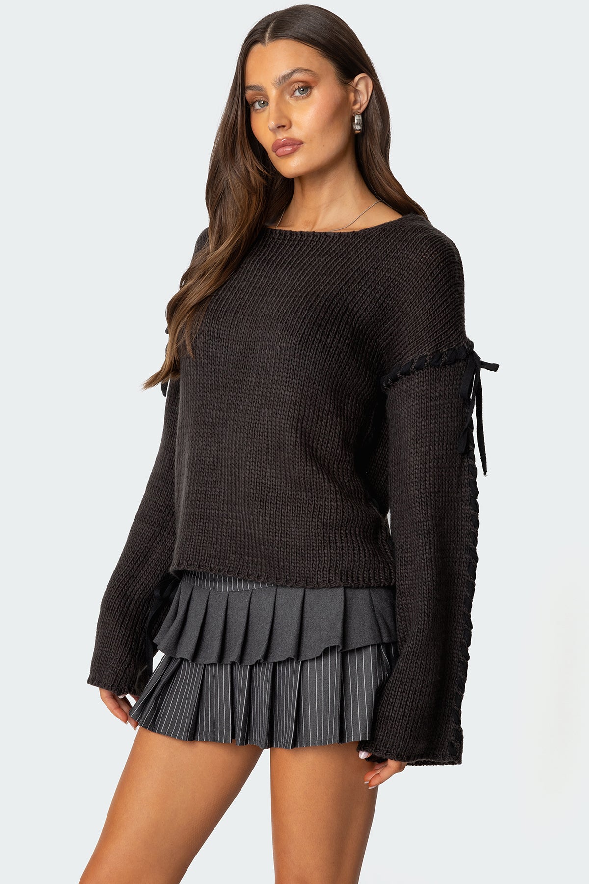 Amelia Lace Up Sleeve Sweater - DARK GRAY