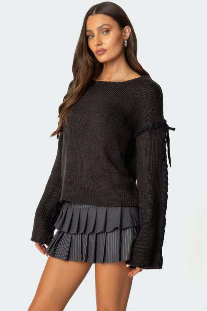 Amelia Lace Up Sleeve Sweater - DARK GRAY