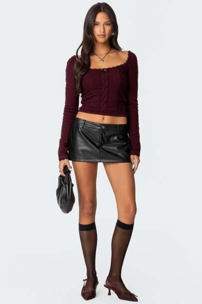 Ansley Lacey Cable Knit Top - BURGUNDY