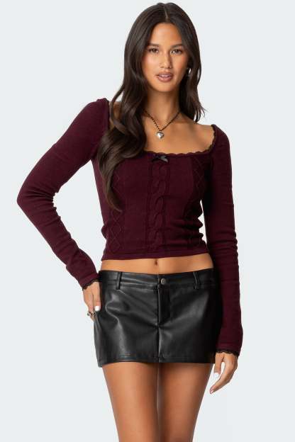 Ansley Lacey Cable Knit Top - BURGUNDY