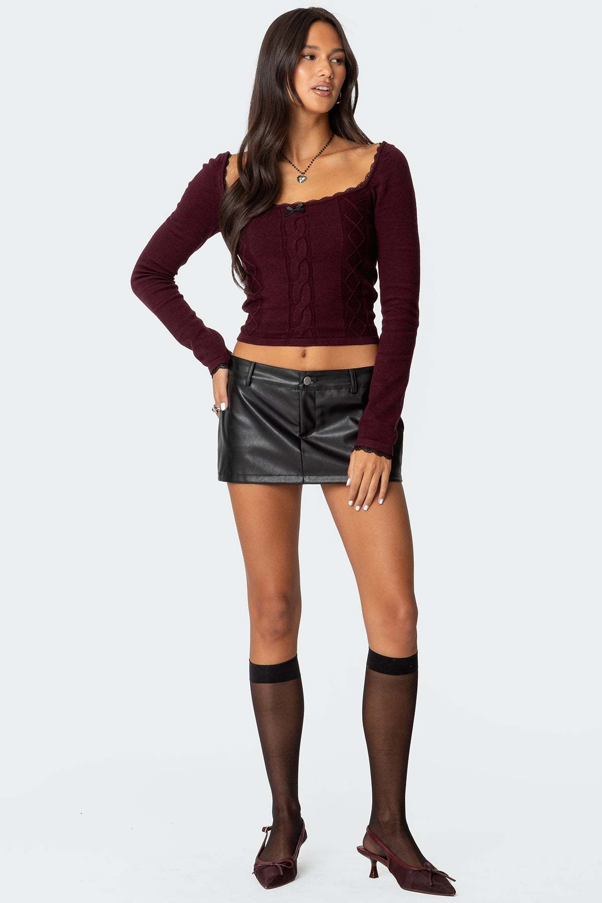 Ansley Lacey Cable Knit Top - BURGUNDY