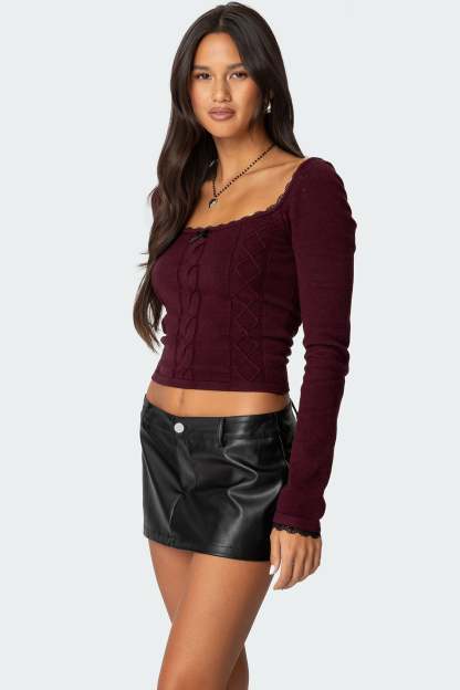 Ansley Lacey Cable Knit Top - BURGUNDY