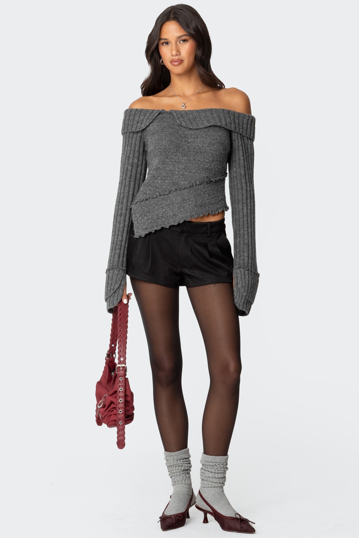 Mikkie Asymmetric Fold Over Knit Top - DARK GRAY