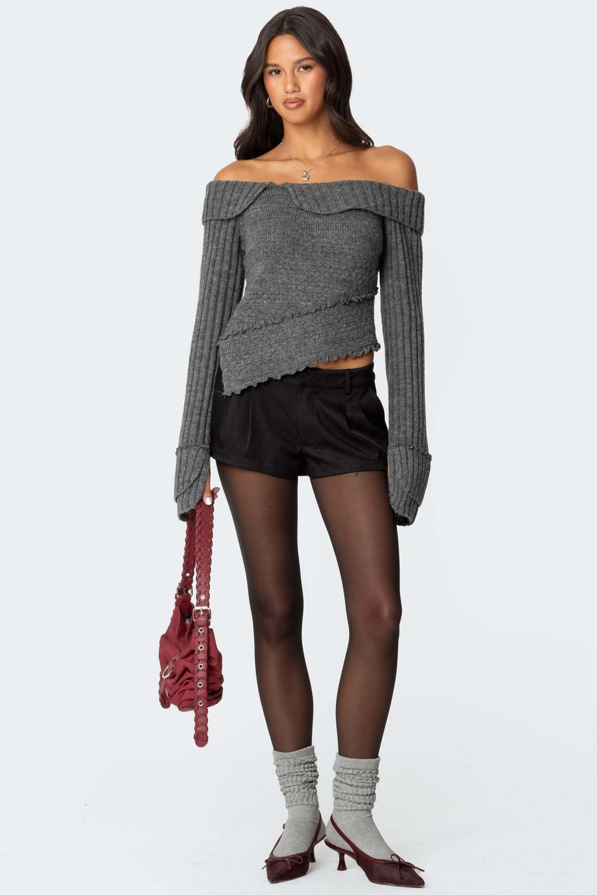 Mikkie Asymmetric Fold Over Knit Top - DARK GRAY