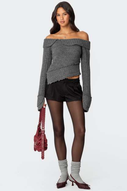 Mikkie Asymmetric Fold Over Knit Top - DARK GRAY