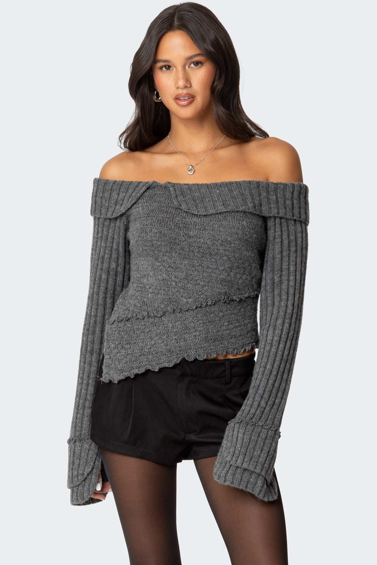 Mikkie Asymmetric Fold Over Knit Top - DARK GRAY