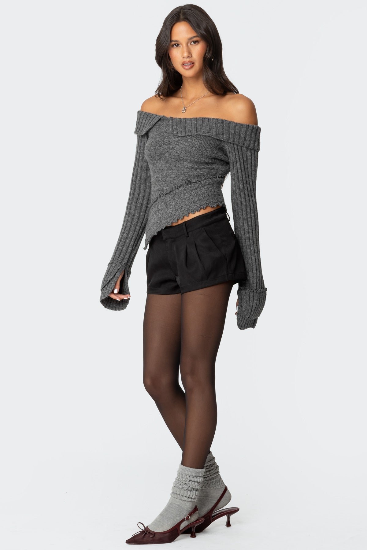 Mikkie Asymmetric Fold Over Knit Top - DARK GRAY