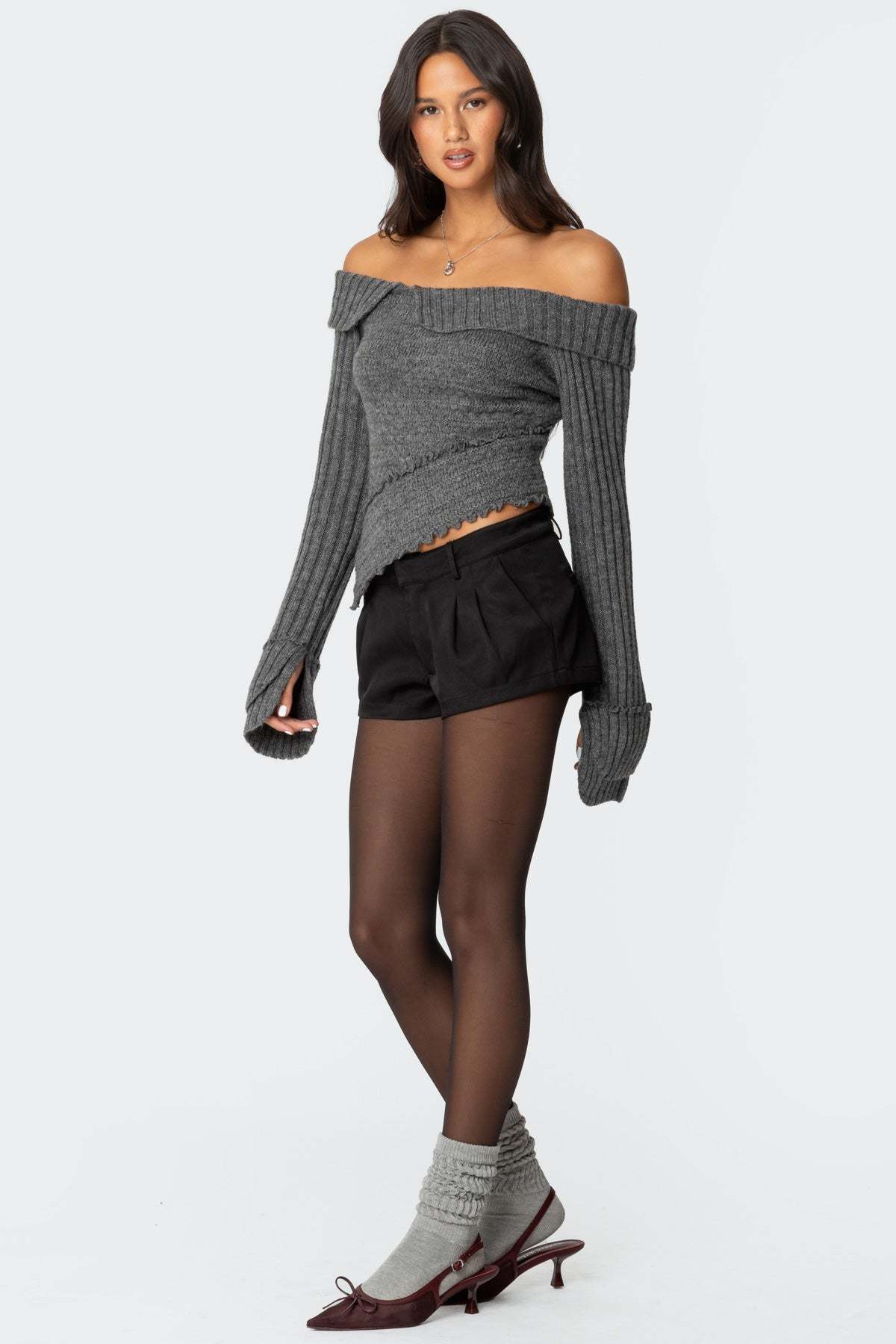 Mikkie Asymmetric Fold Over Knit Top - DARK GRAY