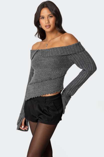 Mikkie Asymmetric Fold Over Knit Top - DARK GRAY