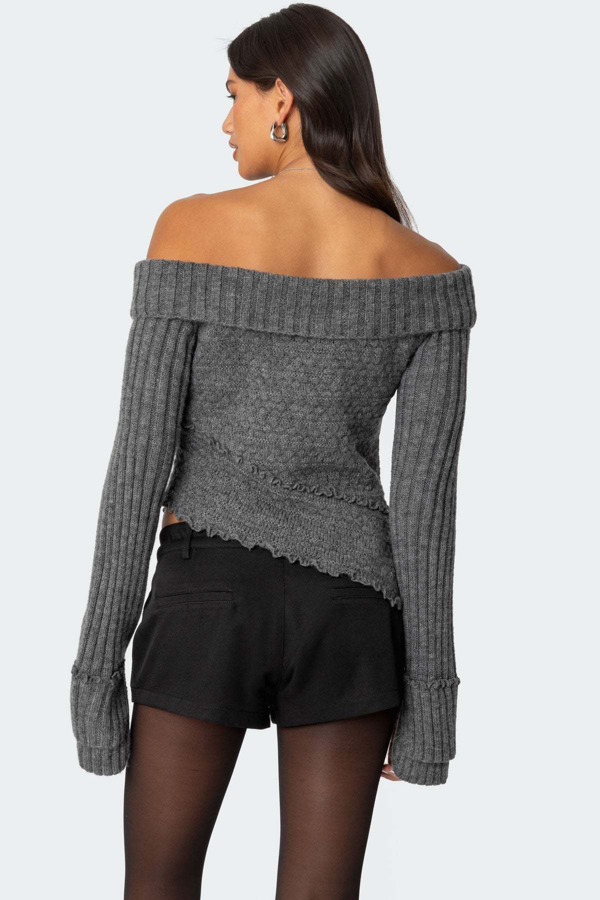Mikkie Asymmetric Fold Over Knit Top - DARK GRAY