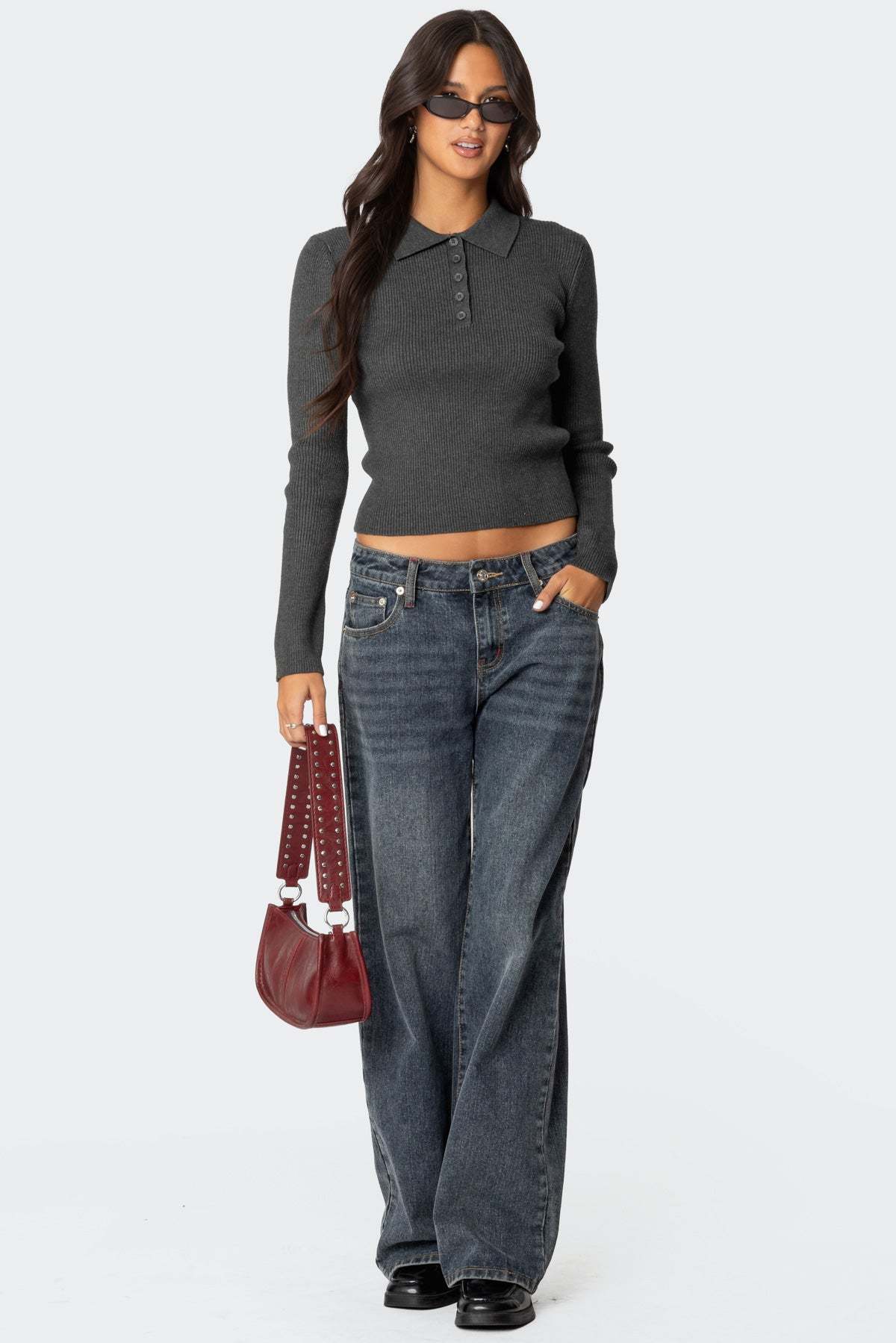 Mollie Collared Ribbed Knit Top - GREEN MELANGE