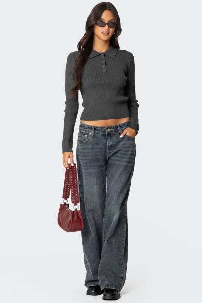 Mollie Collared Ribbed Knit Top - GREEN MELANGE