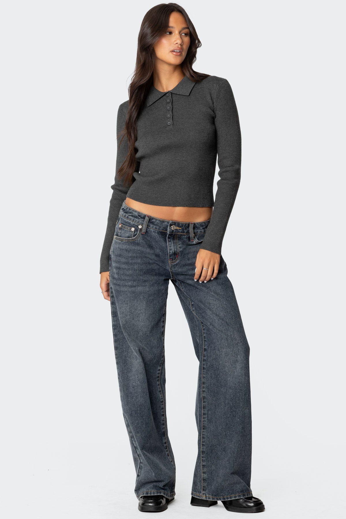 Mollie Collared Ribbed Knit Top - GREEN MELANGE