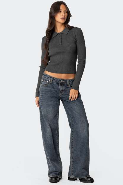 Mollie Collared Ribbed Knit Top - GREEN MELANGE