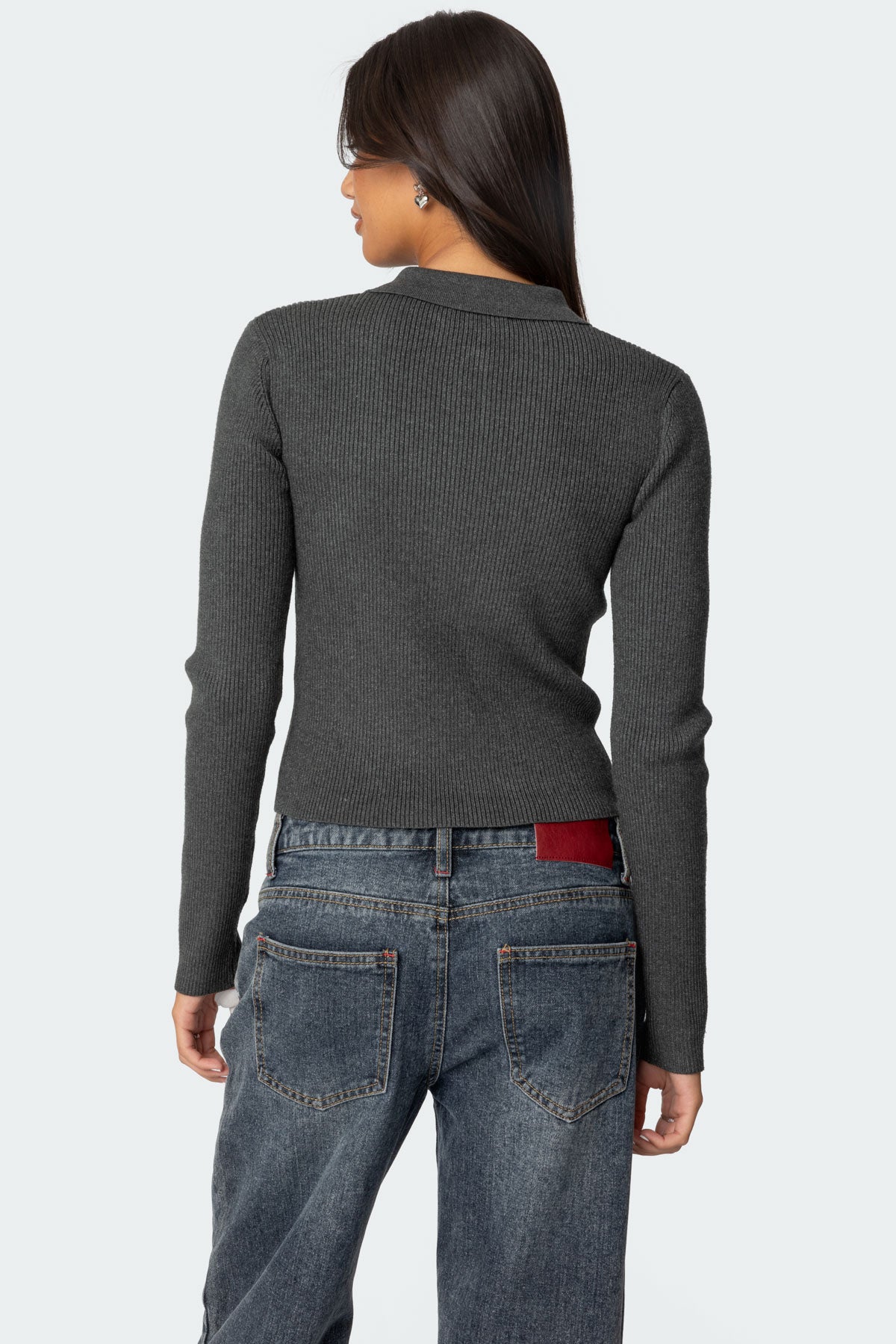 Mollie Collared Ribbed Knit Top - GREEN MELANGE