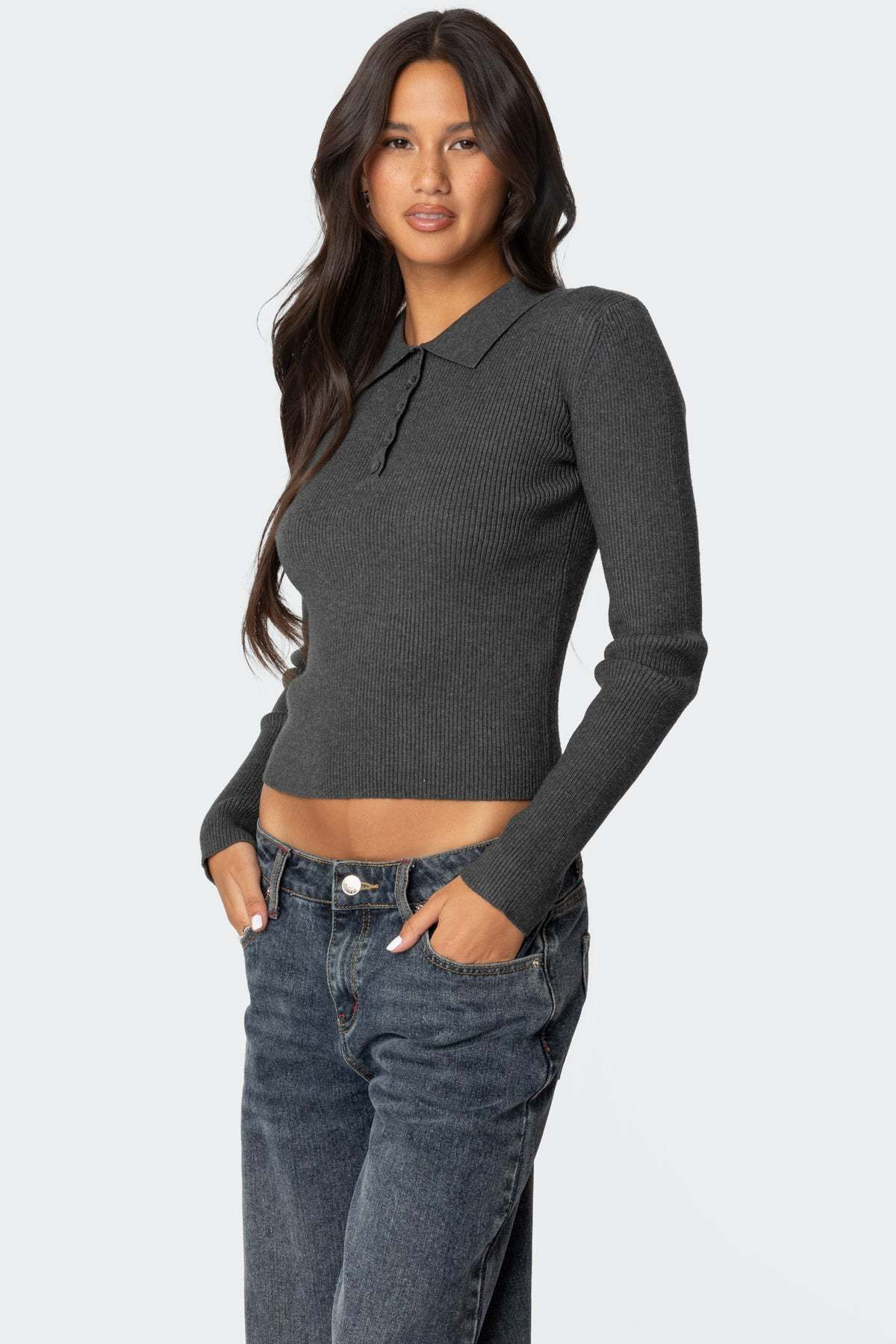 Mollie Collared Ribbed Knit Top - GREEN MELANGE