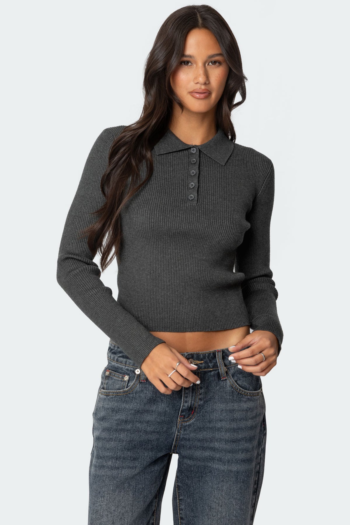 Mollie Collared Ribbed Knit Top - GREEN MELANGE