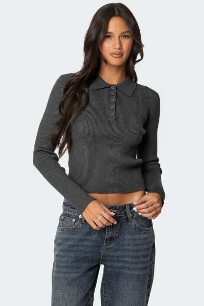 Mollie Collared Ribbed Knit Top - GREEN MELANGE