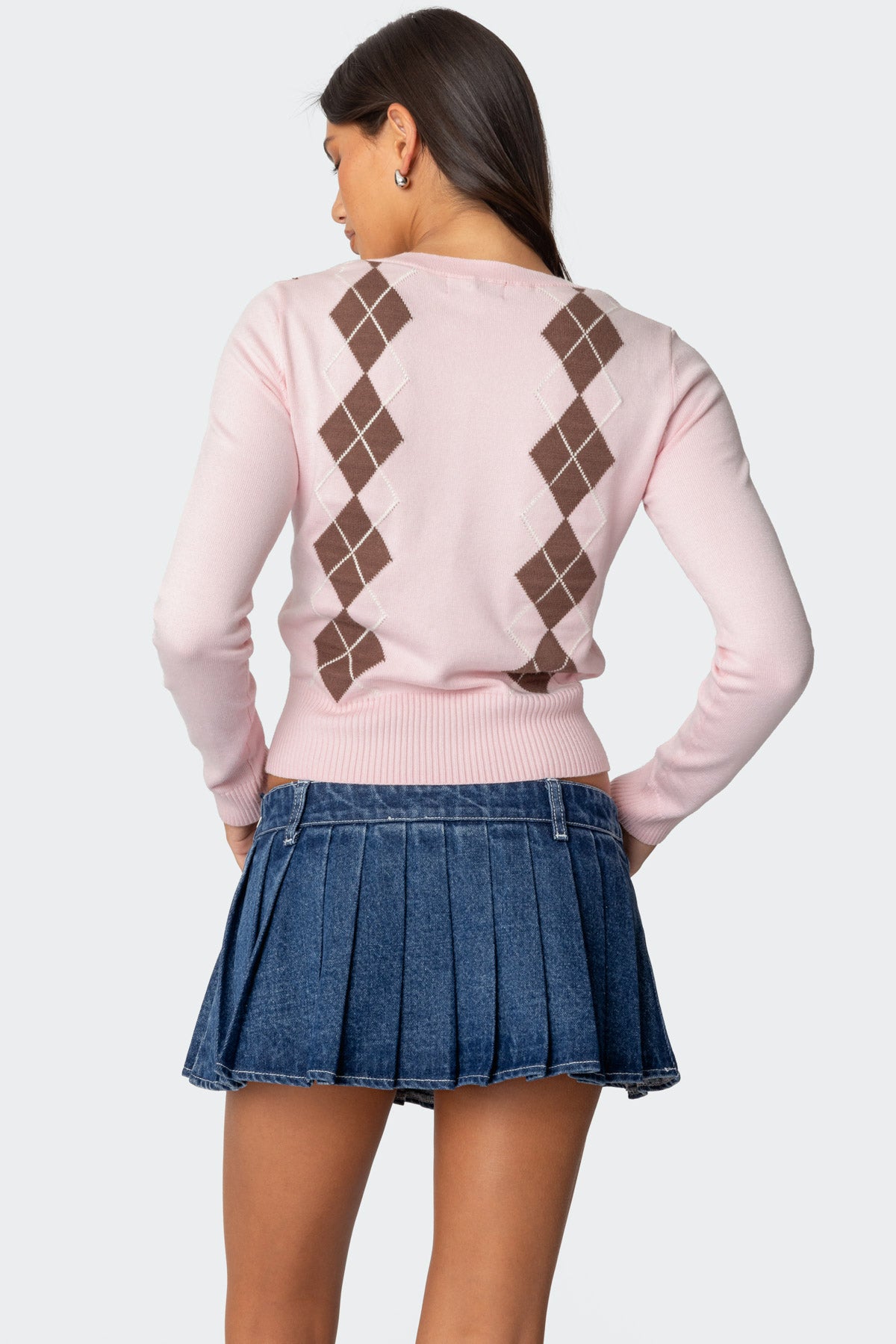 Argyle V Neck Knit Sweater - LIGHT PINK