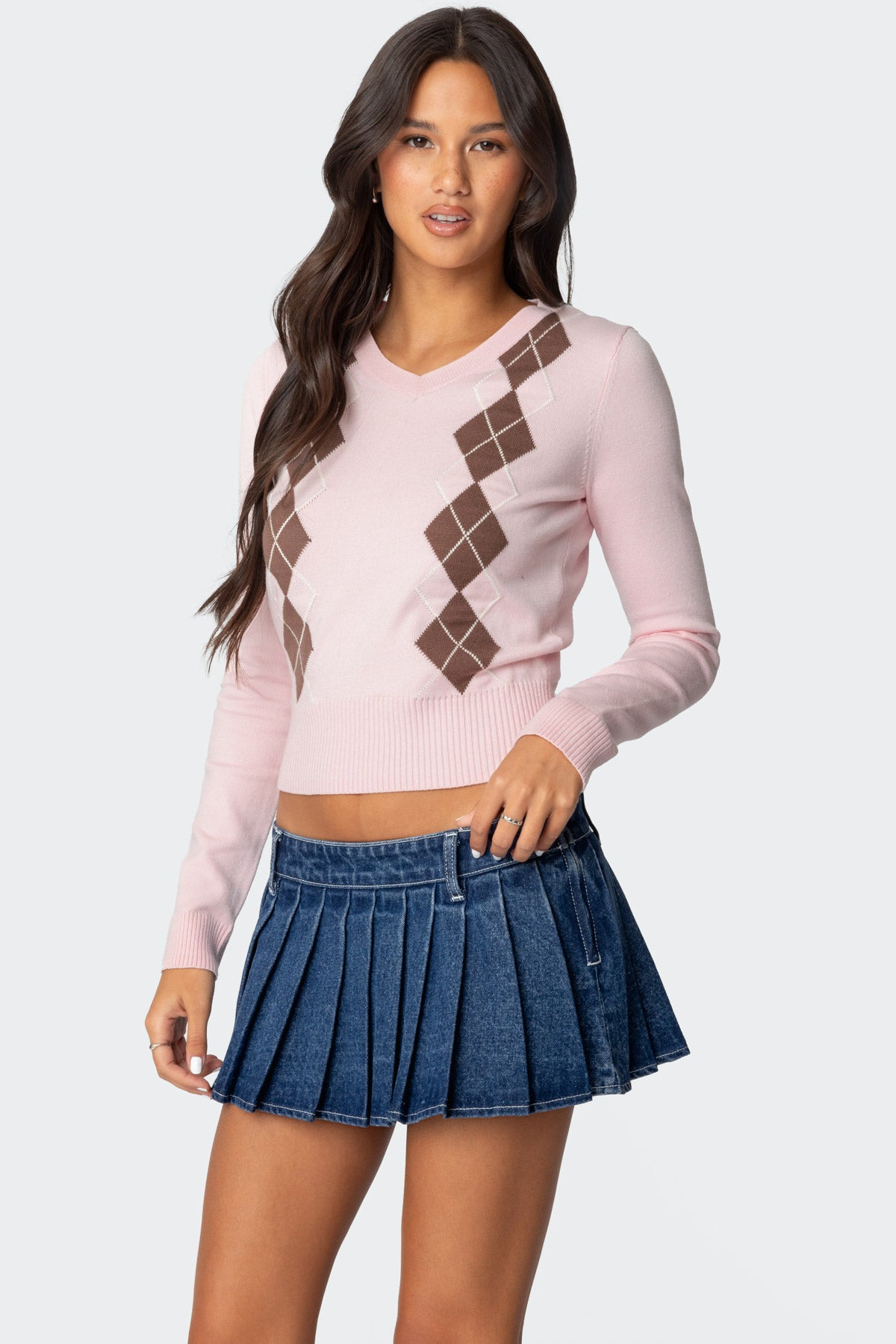 Argyle V Neck Knit Sweater - LIGHT PINK
