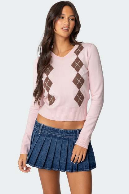 Argyle V Neck Knit Sweater - LIGHT PINK
