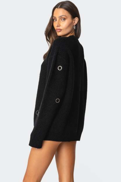 Ellia Grommet Oversized Sweater - BLACK