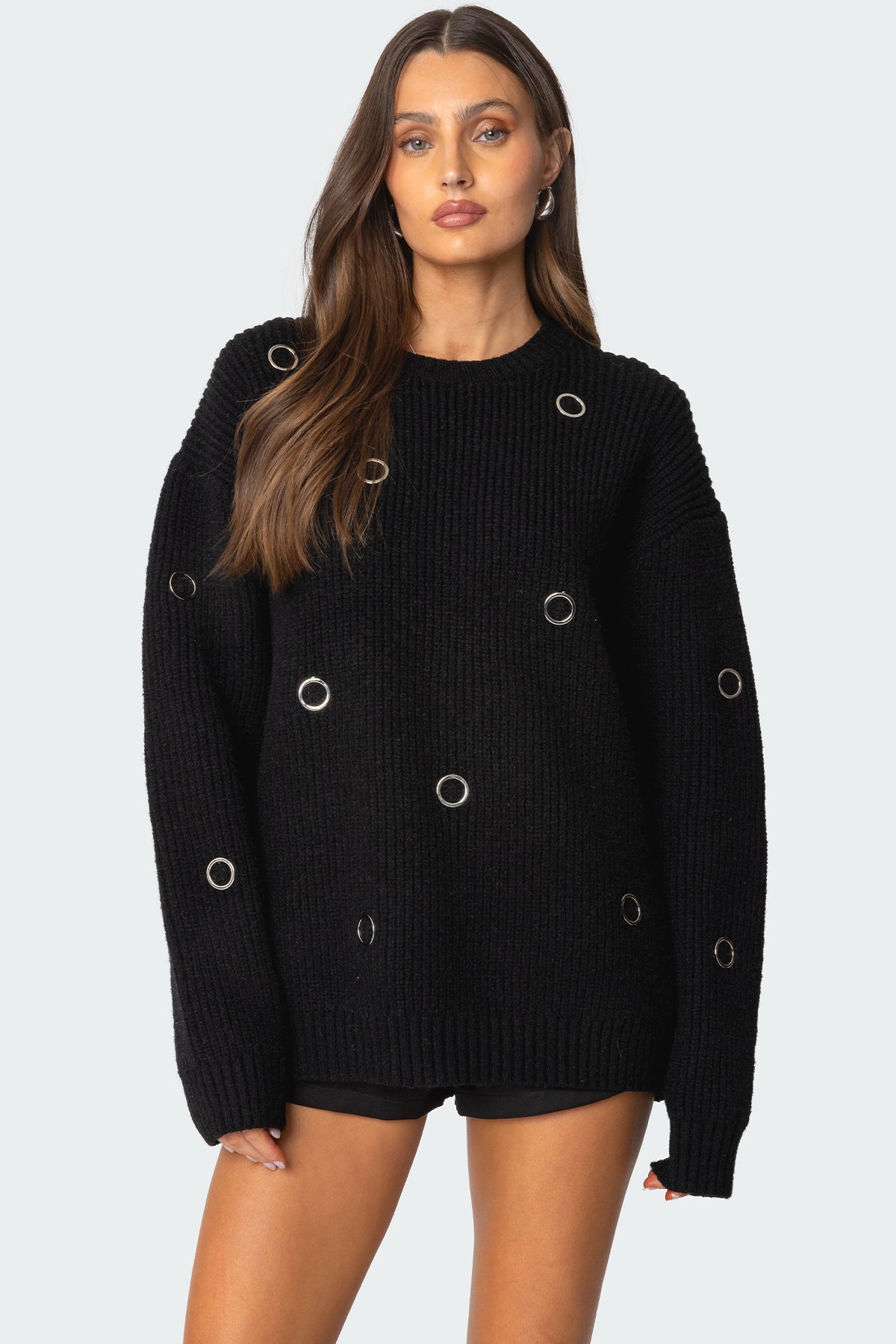 Ellia Grommet Oversized Sweater - BLACK