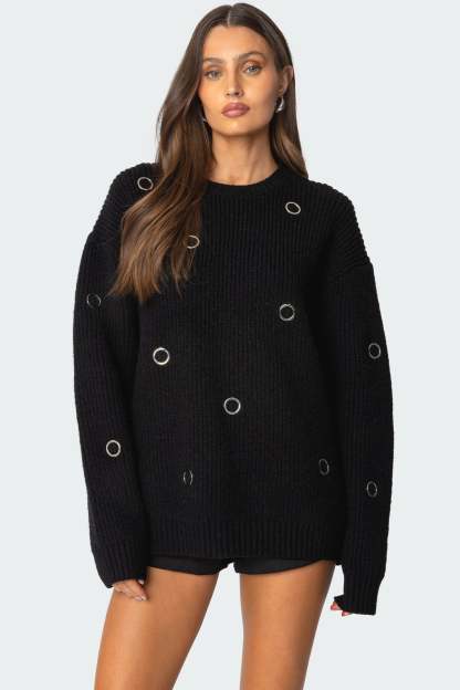 Ellia Grommet Oversized Sweater - BLACK