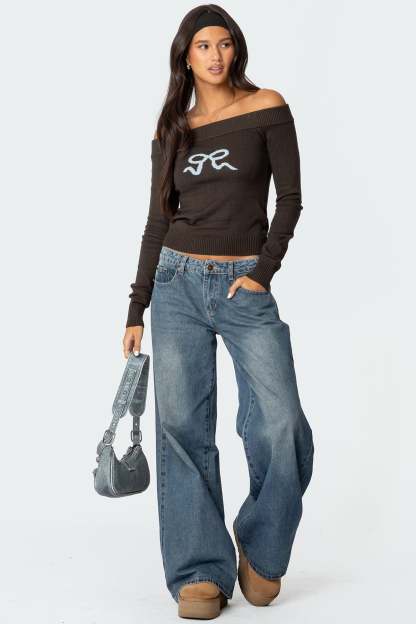 Tj Off Shoulder Knit Bow Top - DARK GRAY