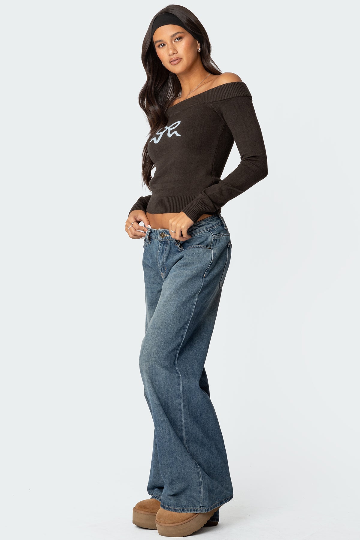 Tj Off Shoulder Knit Bow Top - DARK GRAY