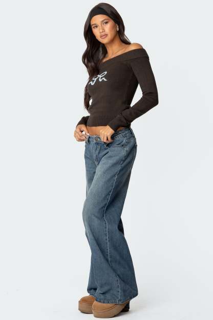 Tj Off Shoulder Knit Bow Top - DARK GRAY