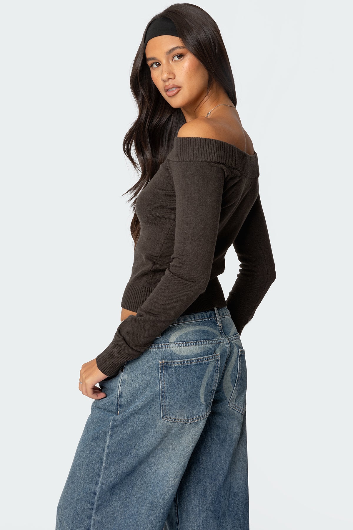 Tj Off Shoulder Knit Bow Top - DARK GRAY