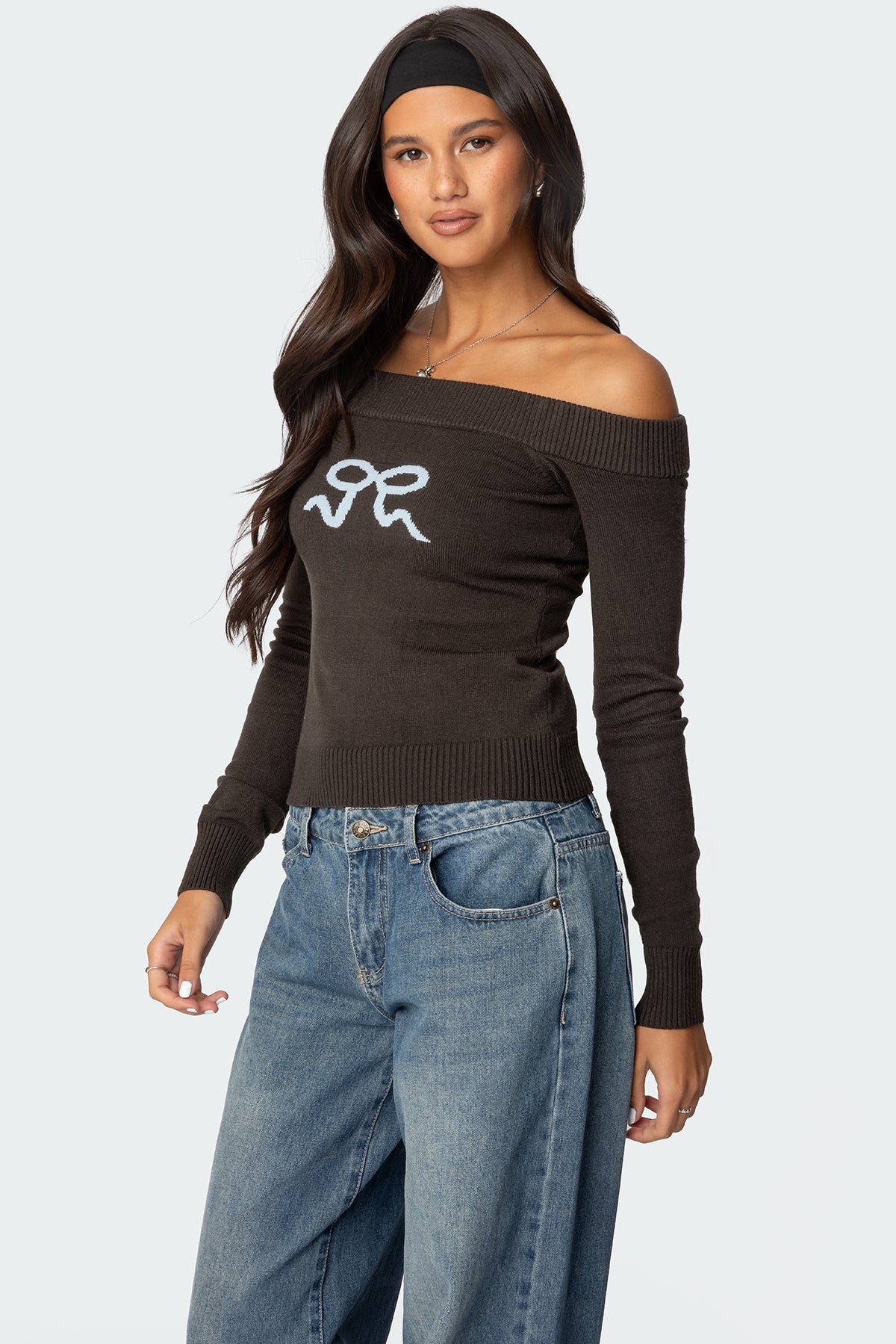 Tj Off Shoulder Knit Bow Top - DARK GRAY