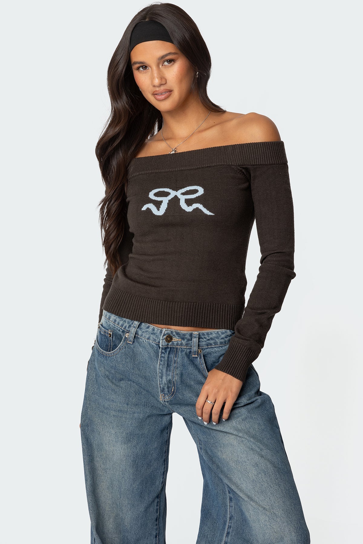 Tj Off Shoulder Knit Bow Top - DARK GRAY
