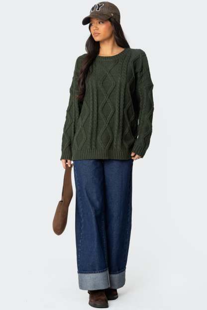 Kennedy Oversized Cable Knit Sweater - GREEN
