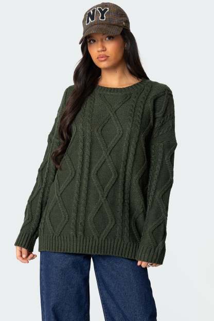 Kennedy Oversized Cable Knit Sweater - GREEN
