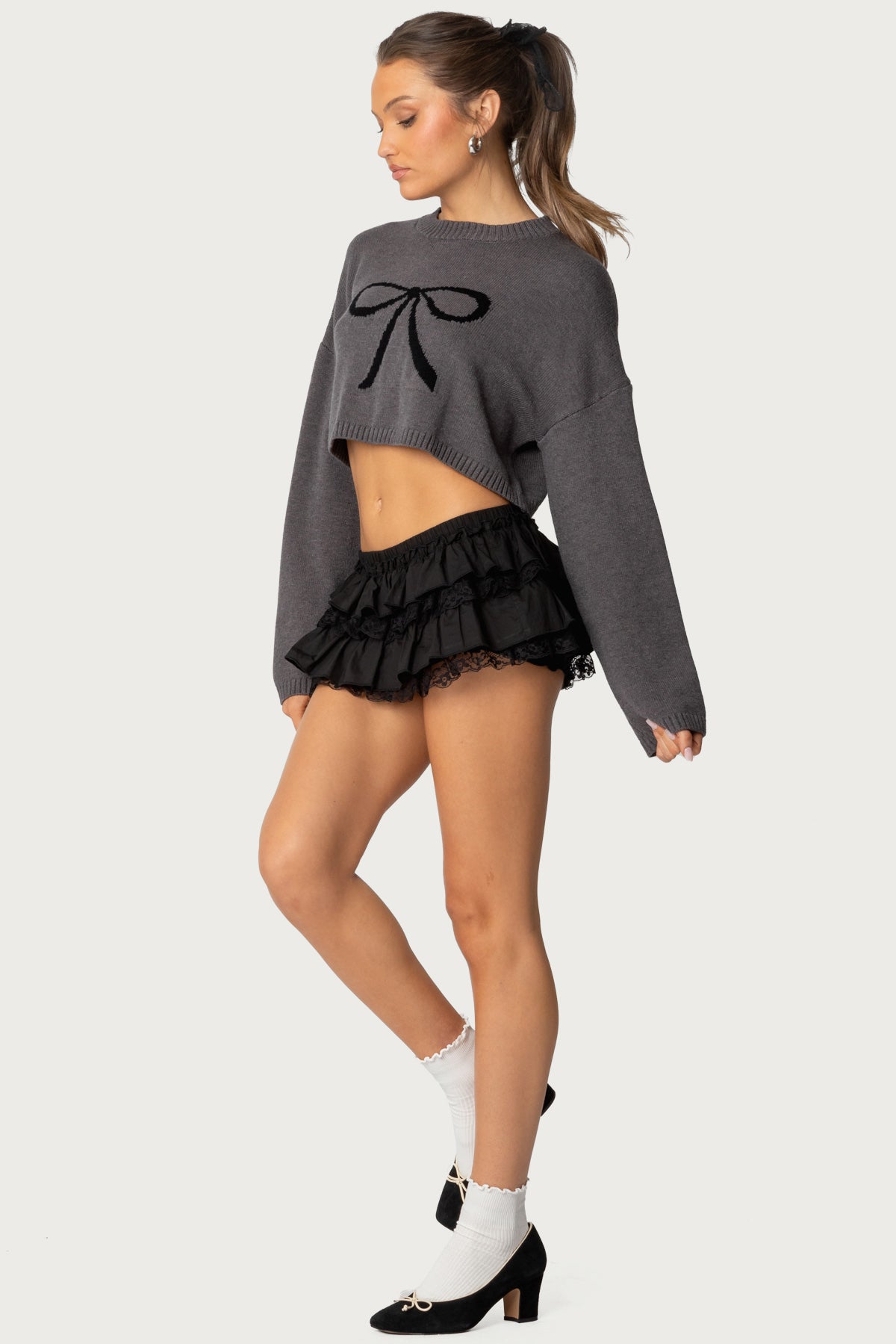 Knit Bow Cropped Sweater - GRAY