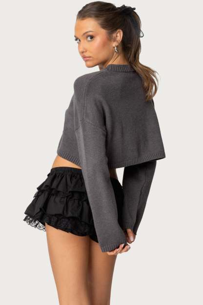 Knit Bow Cropped Sweater - GRAY