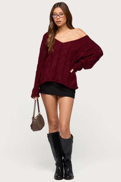 Inga Oversized Cable Knit Sweater - BURGUNDY