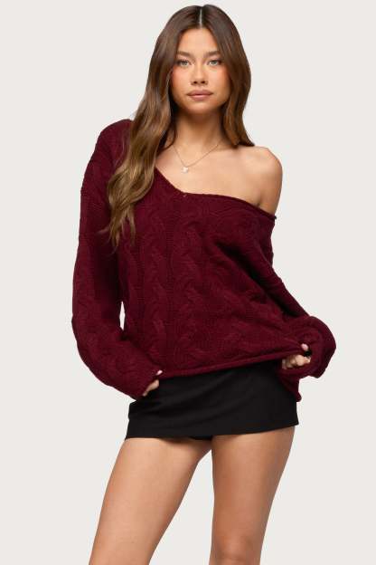 Inga Oversized Cable Knit Sweater - BURGUNDY