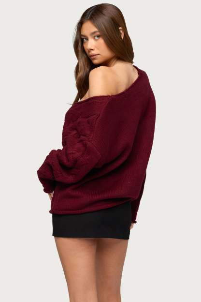 Inga Oversized Cable Knit Sweater - BURGUNDY