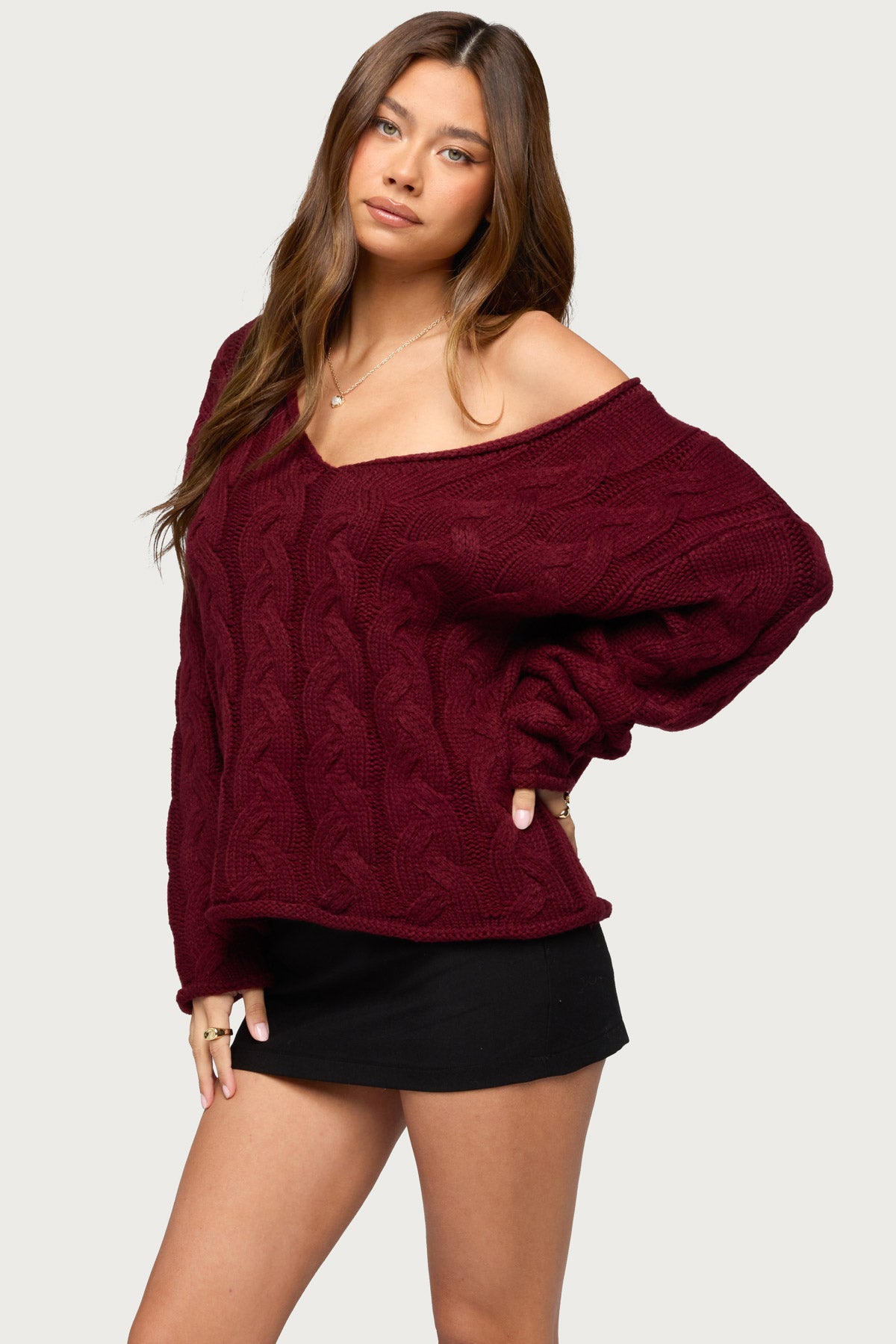 Inga Oversized Cable Knit Sweater - BURGUNDY
