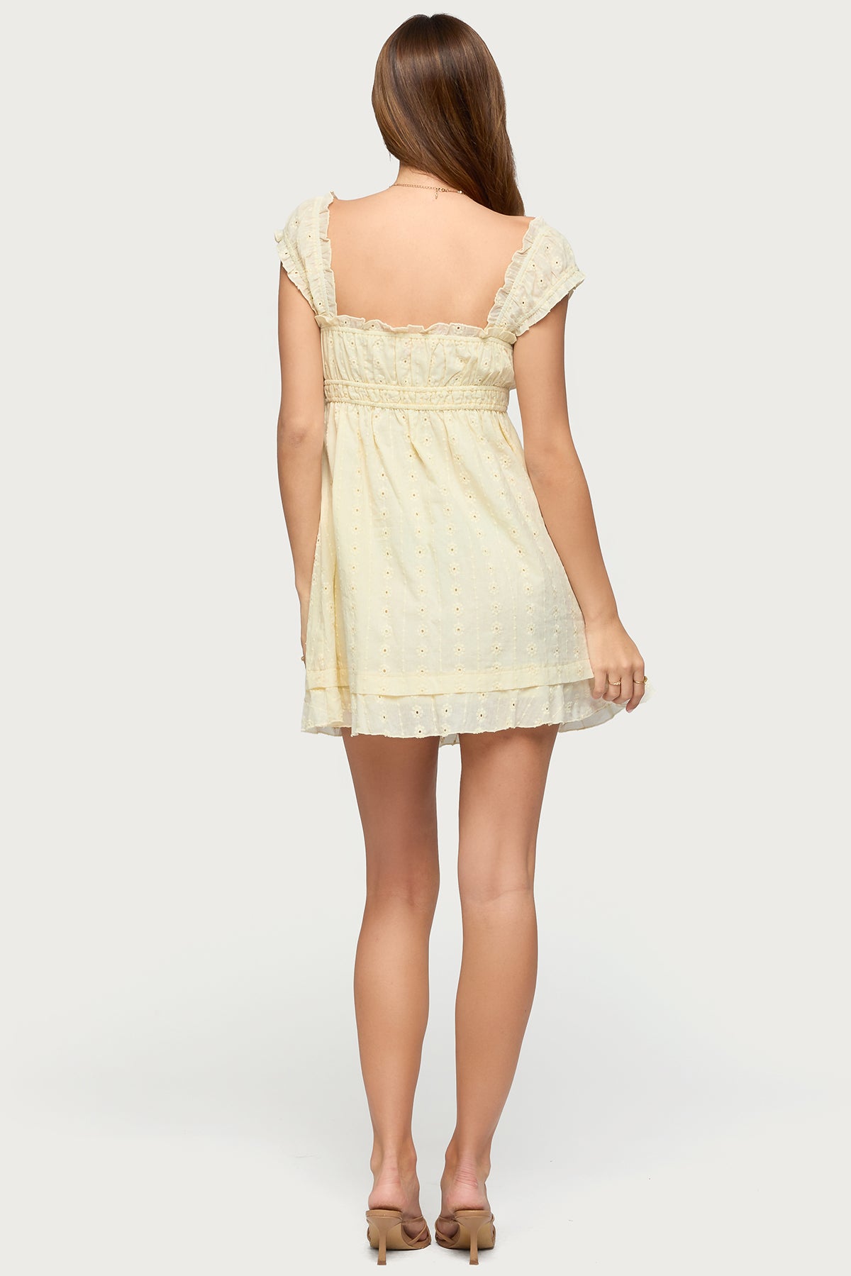 Eyelet Ruffle Babydoll Mini Dress - LIGHT-YELLOW