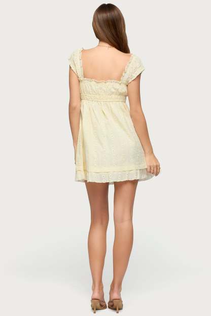 Eyelet Ruffle Babydoll Mini Dress - LIGHT-YELLOW