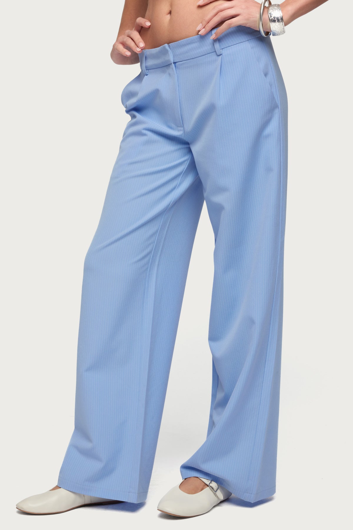 Pinstripe Tailored Straight Leg Pants - LIGHT-BLUE