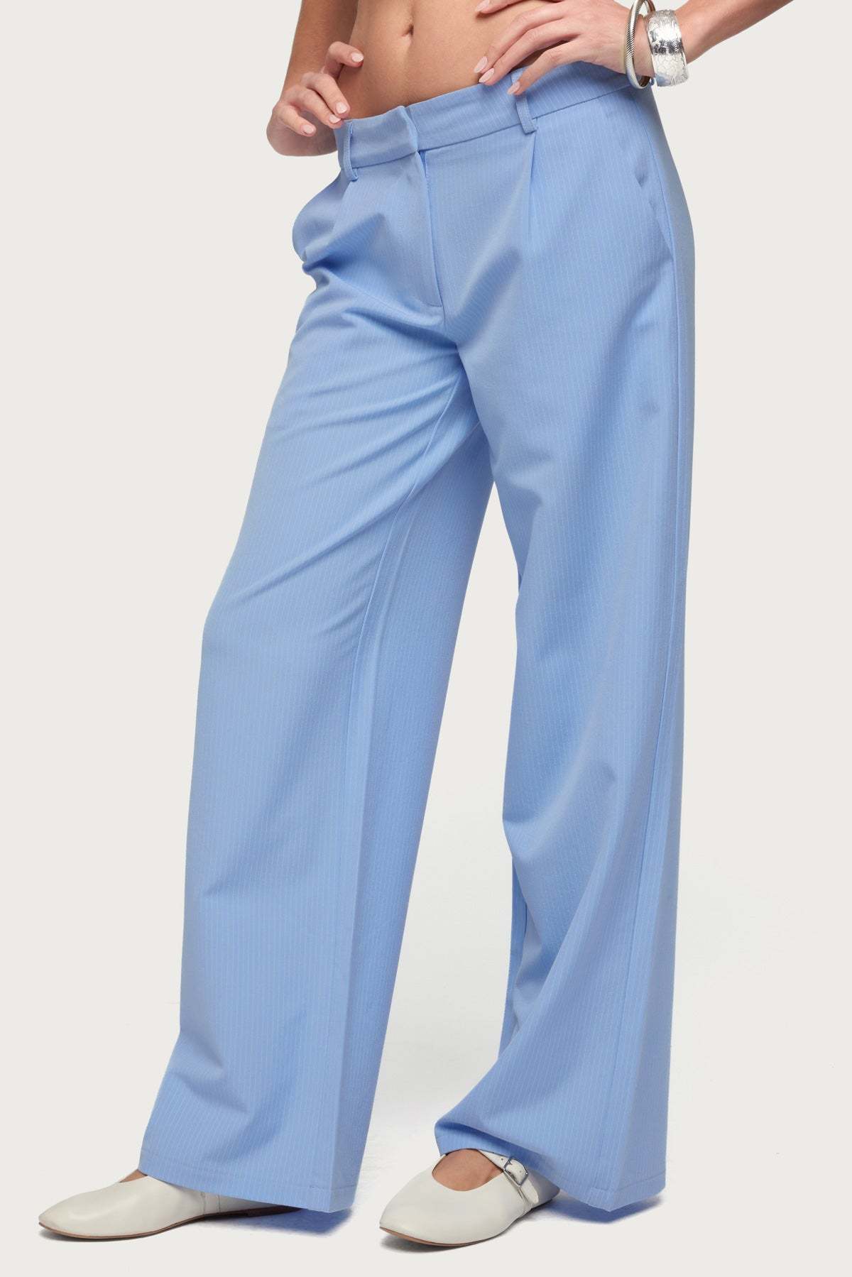 Pinstripe Tailored Straight Leg Pants - LIGHT-BLUE