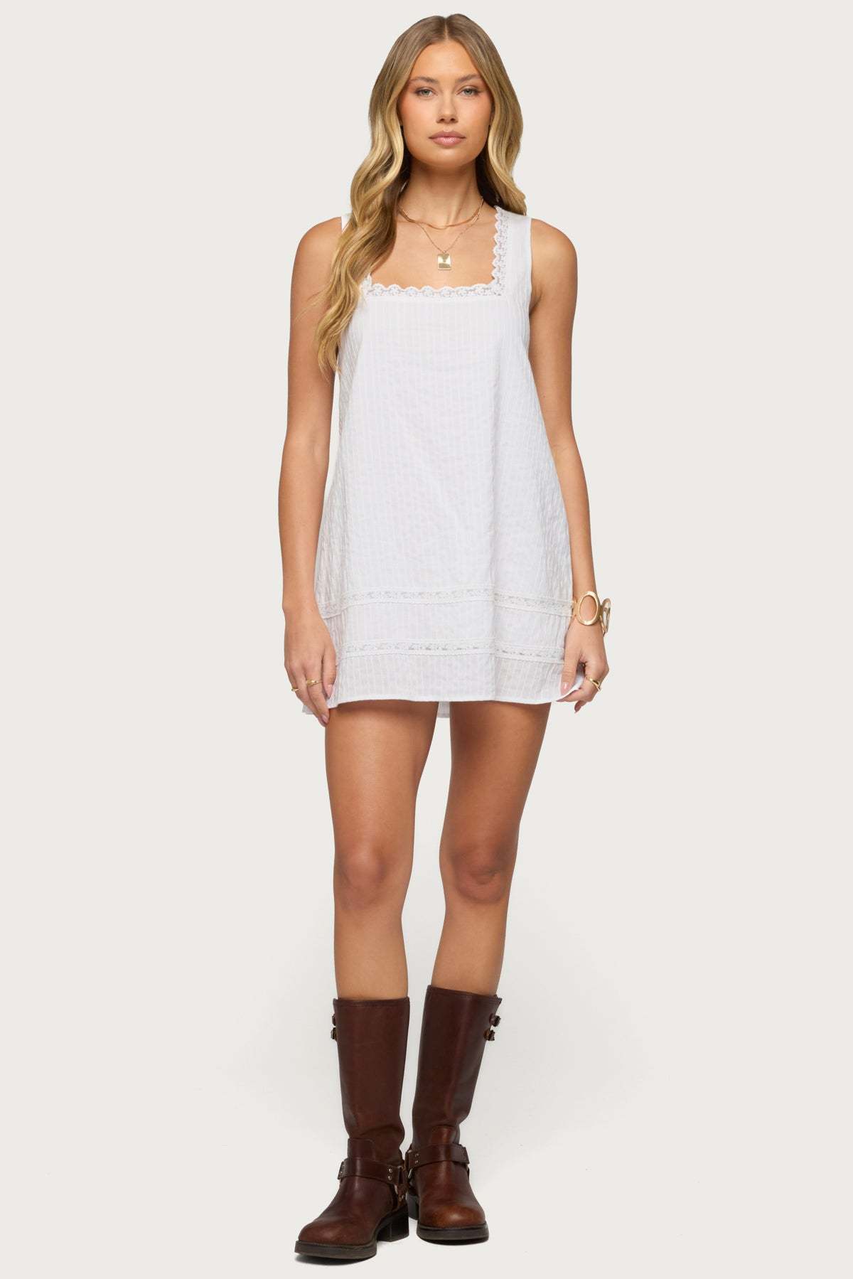 Doroh Lacey Striped Cotton Mini Dress - WHITE