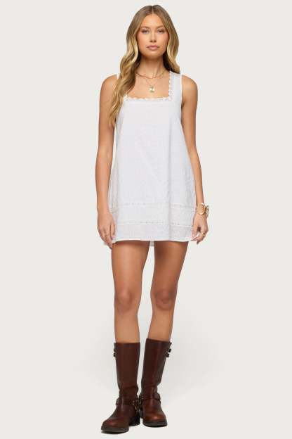 Doroh Lacey Striped Cotton Mini Dress - WHITE