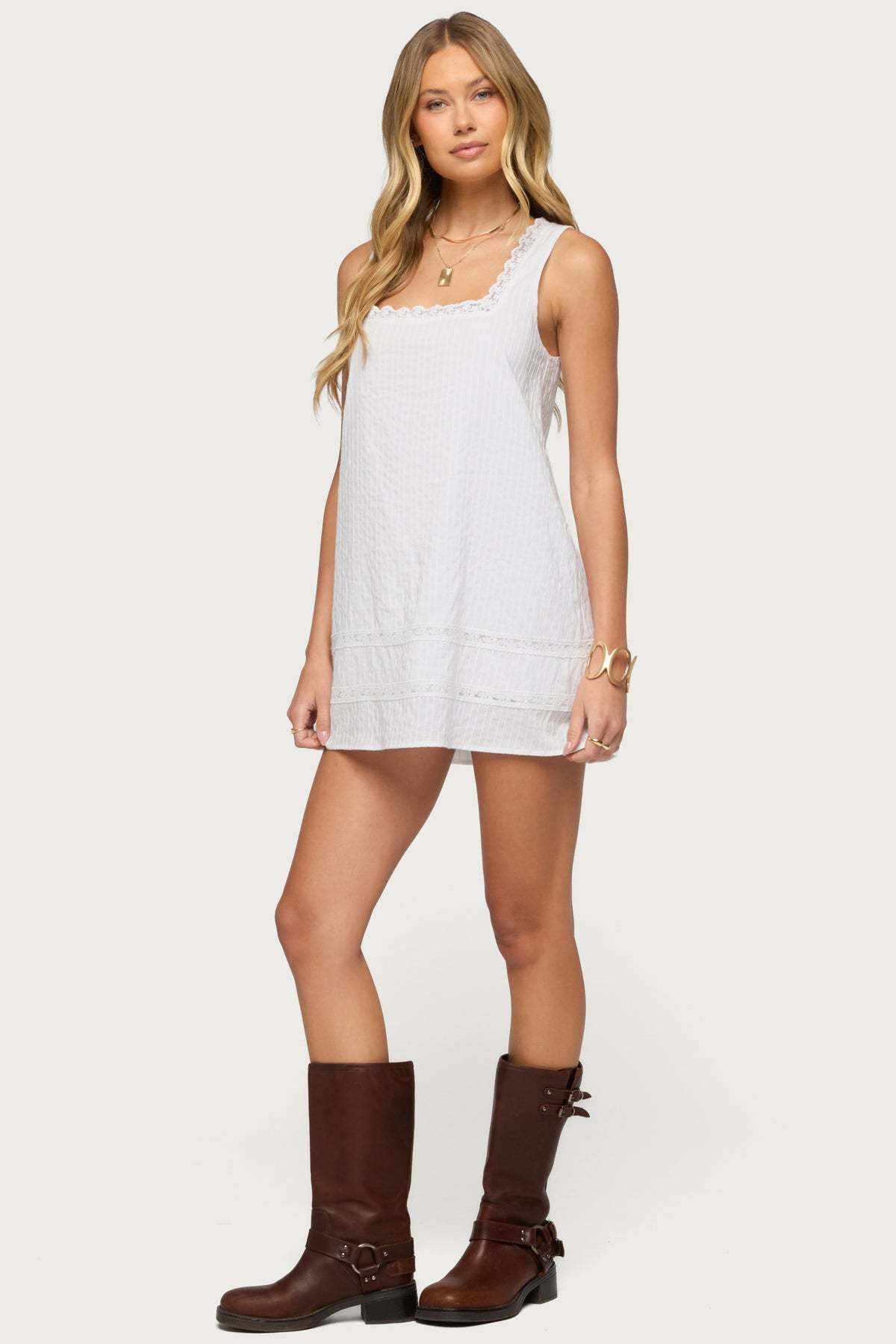 Doroh Lacey Striped Cotton Mini Dress - WHITE