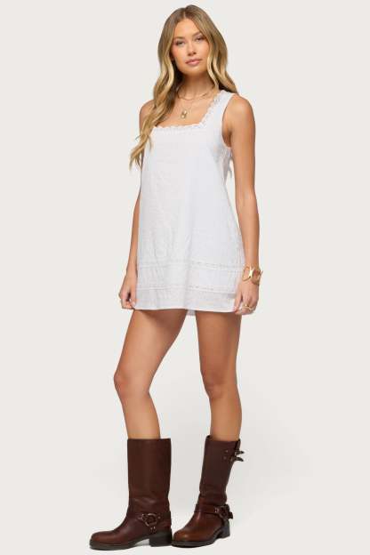 Doroh Lacey Striped Cotton Mini Dress - WHITE